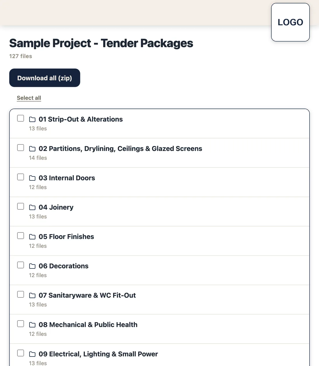 A branded Alves Rowe project data room listing subcontract tender packages ready to download at files.alvesrowe.com